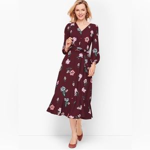 Talbots Midi Dress Maroon Floral Fit & Flare 3/4 Sleeve Belted